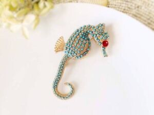 Turquoise Garnet Sea Horse Brooch Rose Gold Plated Jewelry Gift For Her