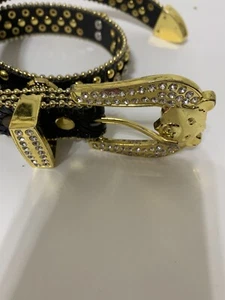 ELITE PREMIUM DESIGNER BEAR BUCKLE BLACK $ RHINESTONE LEATHER KIDS BELT M (BB52) - Picture 1 of 8