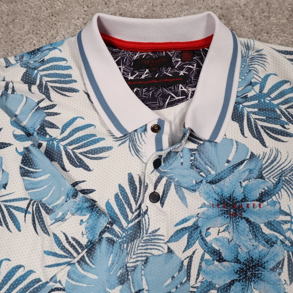 Camisa Polo de Golf Ted Baker Estampado Floral Manga Corta Blanco Azul Talla 6 XL Foto 1 de 4