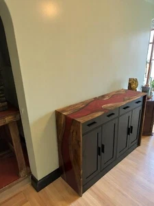 Epoxy Resin Sideboard Cabinet Black Wooden Storage Buffet with Live Edge Wooden - Picture 1 of 8