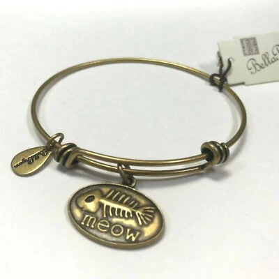 Bella Ryann Gato MEOW HUESOS DE PESCADO Brazalete Expandible Dije Pulsera Vintage Dorado Foto 1 de 4