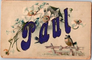 Postal de felicitación vintage Paul Glitter Flowers Bird - Imagen 1 de 2