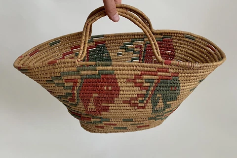 Vintage Hand Woven Basket Figural Pictorial Pictures Handles Artisan Coil Basket Cover