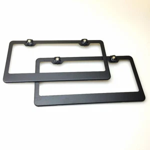New Two Matte Black Powder Coated License Plate Frames Tag Stainless Steel Cap - Bild 1 von 12