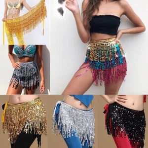 Bufanda de cadera danza del vientre lentejuelas borla flecos cintura envolvente cinturón falda baile disfraz - Imagen 1 de 9