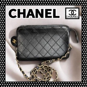 CHANEL Bicolor Pouch Chain Mini Shoulder Bag Lambskin Black Used Authentic - Picture 1 of 14