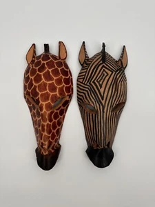 Cabezas de girrafe de cebra decorativas talladas en madera hechas a mano - Imagen 1 de 9