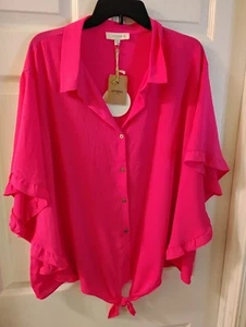 Umgee + Top Blouse Size 2XL NWT Pink Batwing Sleeve Tie Hem.  - Picture 1 of 13