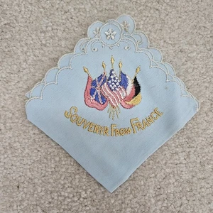Vintage Souvenir From France Handkerchief Embroidery Flags Light Blue - Picture 1 of 6