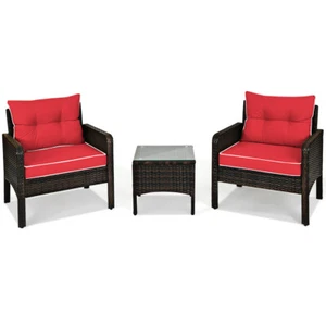 3PCS Outdoor Rattan Conversation Sofa Set Patio Furniture Cushioned Chair Red - Picture 1 of 9