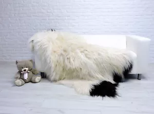 Selten Echt Isländisch Quad Schafsfell Teppich Creme Schwarz Flauschig Fell Wurf - Bild 1 von 8