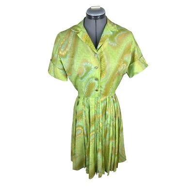 Vintage Dress Women's Small 50s Shirtwaist Psychedelic Green Pleated - Image 1 of 4