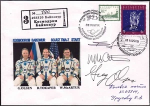 Russland 2005-10-1 Sojus TMA-7 Launch, Astronautenabdeckung, Besatzung orig. Signiert, Weltraum - Bild 1 von 1