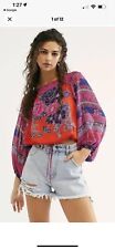 FREE PEOPLE Blue Nile Blouse Bohemian Red Floral Balloon Sleeve Blouse Top Sz Xs