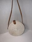 Round White Ratan Bag Shoulder Leather Straps Chic Hand Summer Purse. New No Tag