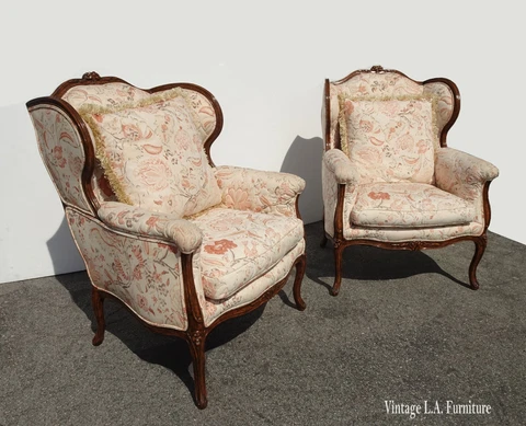 Tall Vintage Minton Spidell French Country Wingback Lounge Chairs Down Cushions Cover