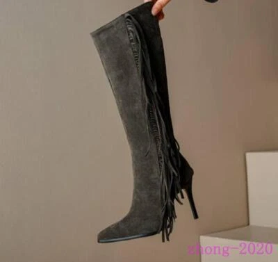 Chic Mujeres Informales Club Botas Hasta la Rodilla Punta Tacones Altos Cremallera Borlas Zapatos Foto 1 de 4