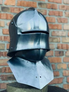 Elmetto Sallet Tedesco Medievale Acciaio Calibro 18 Larp Elegante Armatura Replica Fatto a Mano - Foto 1 di 11