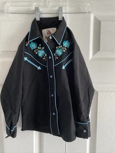 Rangers Youth Girls Black Western Blue Embroidered Rhinestone Rodeo Pearl Snap - Picture 1 of 7
