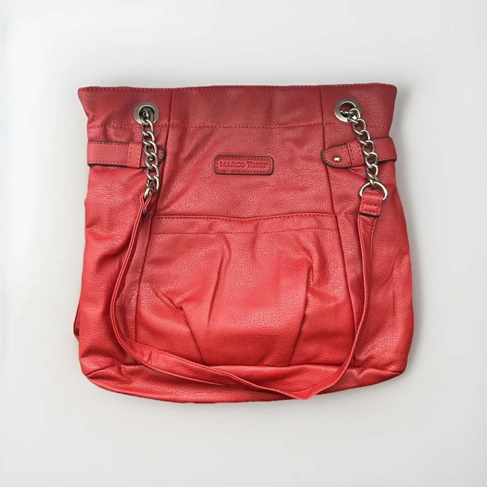 Marco Tozzi Red Faux Leather Bag w/Double Partial Silver Chain Straps - Image 1 of 4