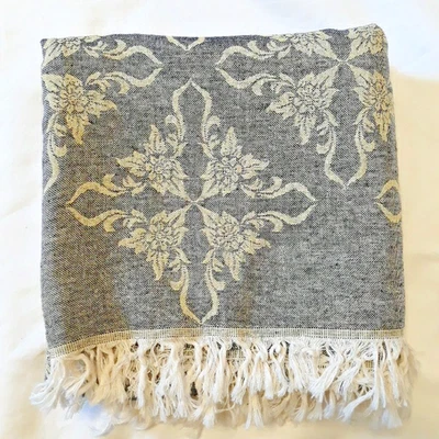 Luxe Jacquard Woven Scarf Shawl Wrap Gray Yellow Floral 72x40 - Image 1 of 4