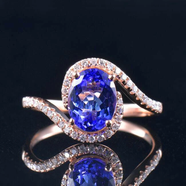 Anel feminino de aniversário de torção redemoinho de tanzanita azul diamante natural ouro rosa 14K - Imagem 1 de 1