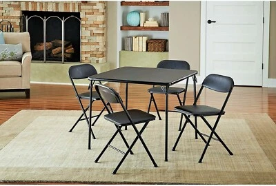 5Pcs Folding Card Table Set Black Square Vinyl Dining table set 4 Seating Luxury - Image 1 of 4