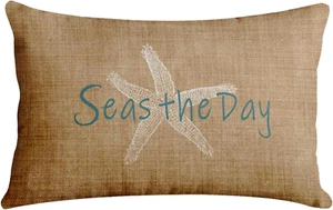 Linen Throw Pillow Cover Seas the Day Vintage Beach Starfish on Canvas Look Dec - Picture 1 of 12