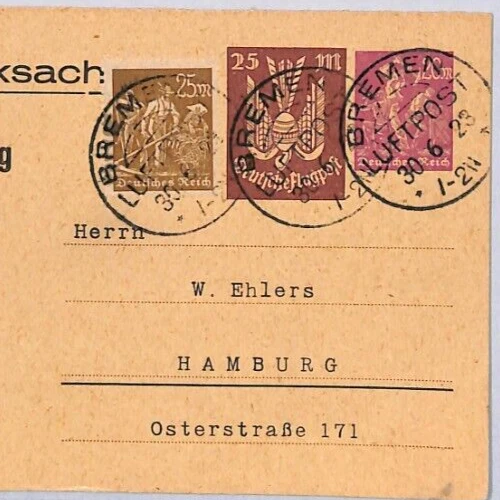 GERMANY Air Mail 1923 Bremen Hamburg Card Aviation{samwells-covers}ZF326 - Image 1 of 4