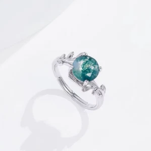 Genuine 925 Silver Natural Moss Agate Adjustable Olive Branch Ring (Size 7-8) - Picture 1 of 5