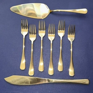 Cake Knife and Server Set with 6 Cake Forks Gold Tone Stainless Steel - Picture 1 of 11