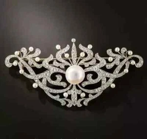 2.4Ct Round Cut Natural Moissanite Women Gift Pearl Brooch 14K White Gold Plated - Picture 1 of 5