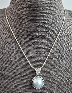 Vintage 925 Sterling Silber Blau Perlmutt Anhänger & 16ins Silberkette - Bild 1 von 4