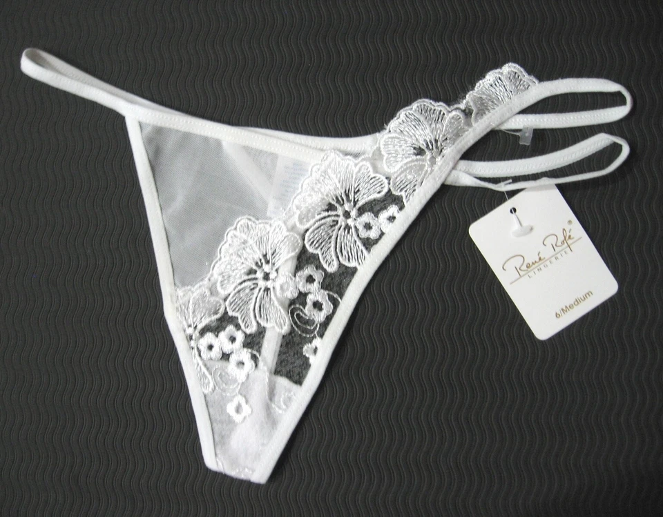 A212  Rene Rofe Lingerie NEW White Bridal Shimming Embroidery Chiffon Mesh Thong - Image 1 of 1