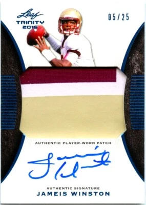 JAMEIS WINSTON RC 2015 LEAF TRINITY BLUE ROOKIE PATCH AUTO JERSEY # SP 5/25 - Image 1 of 2