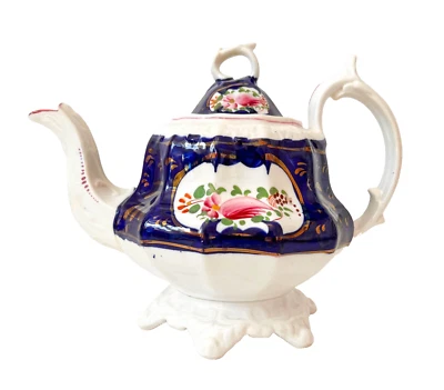 ANTIQUE 19th CENTURY GAUDY WELSH 'FEATHER' PATTERN TEAPOT - BLUE & PINK - VGC - Image 1 of 4