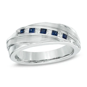 1/2Ct Princess Cut Blue White Men's Wedding Ring In Solid 14K White Gold - Picture 1 of 3