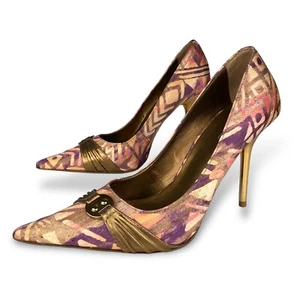 ALDO Y2K Geometric Print Stiletto High Heel Pointed Pump Gold Metallic Sz 39/8.5 - Picture 1 of 12