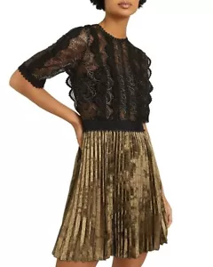 REISS 'Athena' Black & Metallic Gold Paisley Lace Sun Ray Pleat Top Dress UK6 - Picture 1 of 16