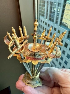 Vintage Toledo Spain Set 12 Sword Cocktail Picks + Stand Brass Barware MCM - Picture 1 of 15