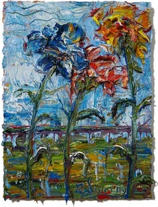 LANDSCAPE OIL█PAINTING█VINTAGE FLOWERS█ART SIGNED ABSTRACT ORIGINAL DECO GARDEN - Picture 1 of 22