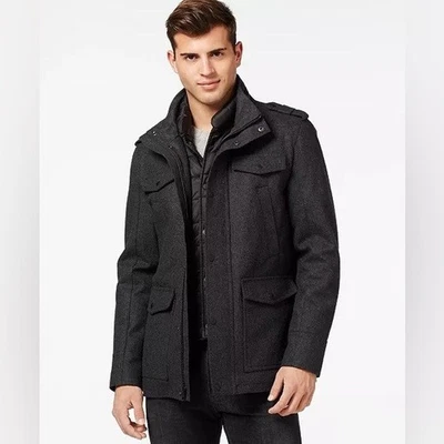 GUESS Men's Utility Wool Coat w/ Detachable Bib ~ Black ~Men's Size MEDIUM - Image 1 of 4