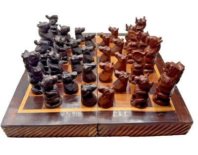 Vintage African Chess Set Wood Hand Carved Animals 32 Pieces With Folding Board - Image 1 of 4