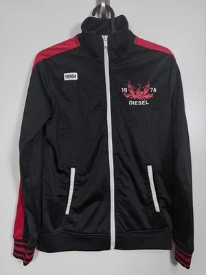 Jaqueta de pista Diesel infantil masculina zíper completo gola simulada tricot preta vermelha tamanho grande 14-16 - Imagem 1 de 4