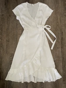 J.Crew 100 % Leinen Rüschen Wickelkleid zum Binden Landhaus Prärie kurze Flügelärmel Größe 4 - Bild 1 von 9