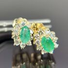 14k Diamond & Emerald Halo Cluster Yellow Gold Earrings Stud
