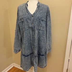 Zenana Blu Denim Chambray Tunica Top Camicia Lunga Blusa Invecchiato Donna 1X - Foto 1 di 9