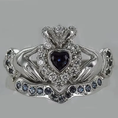 Juego de anillos nupciales de 2 quilates con zafiro y circonita cúbica, compromiso y forma de corazón en plata Foto 1 de 4