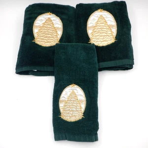 3Pc  Christmas Towels w/ Embroidered "Gold" Christmas Tree  Terry Velour - Picture 1 of 4