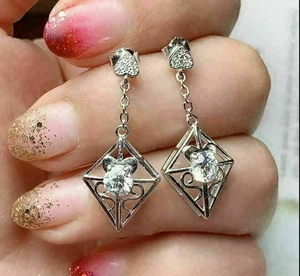 1.9 Ct Round Cut Simulated Diamond Drop-Dangle Earrings Gift 925 Sterling Silver - Picture 1 of 4